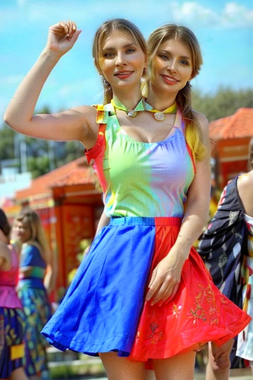  there are two women standing together in a dress,  Vestido colorful ,  multicolored ,  colorful clothes , colorful fashion, full of colors, colorful clothes, ángulo interesante, colorful clothes, colorful clothes,  wearing a sleeveless t-shirt and a skirt , hot uhd photo of , colorful, Anna Nikonova, contraste colorful,  Julia Razumova style 