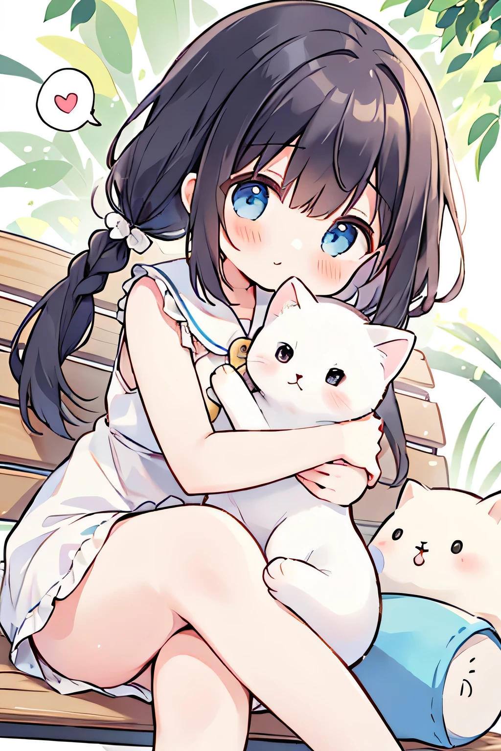 best quality、 high definition 、(High image quality:1.2)、masterpiece、 detailed background、Beautiful face down to the last detail、(detailed face:1.4)、 detailed eyes 、 anatomically correct、(Normal number of fingers:1.4)、Teenage beauty、 brightly colored hair color 、 braided bob cut、 ponytail、Innocence、
A little kitten approaches a girl sitting on a park bench 、 the girl gently lifts the kitten with both hands and puts it on her chest Attracting 、 they gently hug the kitten purr and purr with peace of mind 、 girls gently stroke kittens 、
ragdolls are characterized by a soft and relaxed personality like a stuffed animal when held 、 The large blue eyes of ragdoll cats are very charming and make my heart melt when I stare at them、 their long, silky hair covers their bodies 、 Its fluffy touch enhances their indescribable cuteness 、ear、face、tail、 The point color with dark colors on the toes creates a beautiful pattern by contrasting with the whiteness of the body 、 ragdolls are so easygoing 、 and have a friendly personality 、 they quickly open their hearts to people they meet for the first time 、 the way they pamper them is so adorable 、Ragdolls are smart 、 they are cats that are easy to train 、 The sight of them enjoying communication with their owners is so adorable 、 they relax when held 、 they are like stuffed animals 、 The sight of them surrendering to their owners with peace of mind is so cute 、 The sight of them lying down while purring with their stomach out heals the viewer's heart 、
ragdolls are loved by cat lovers all over the world for their beautiful appearance and gentle personality 、
Surrounded by their soft fur and gentle eyes Time is truly a blissful moment 、cute