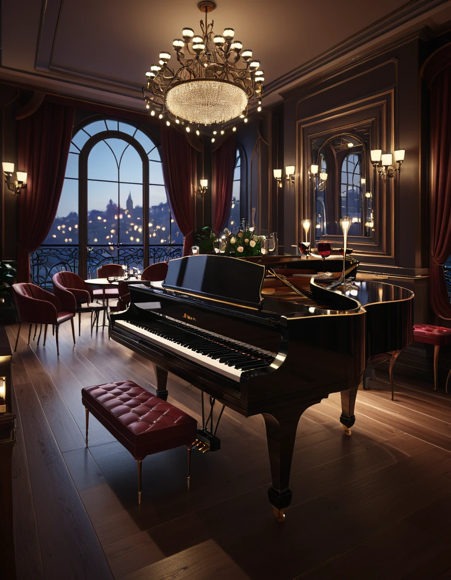  sketch has a piano table and a glass of wine , Unreal Engine ; romantic theme,  luxurious setting ,  restaurant table by candlelight  ,  has described in detail the empty jazz cafe , a fashionable ,  romantic atmosphere ,  romantic atmosphere , ,  restaurant with photorealistic lighting , realistic Unreal Engine 3 d game, highly realistic Unreal Engine,  cozy atmosphere,  photorealistic cinematic highly detailed environment, true  Realistic image , masterpiece,  artwork,  hyperrealistic , rendering ,  realistic physical rendering ,  Photorealistic rendering ,  highly detailed ,  high-quality render ,  architectural rendering ,  very realistic 3D render ,  Realistic image ,