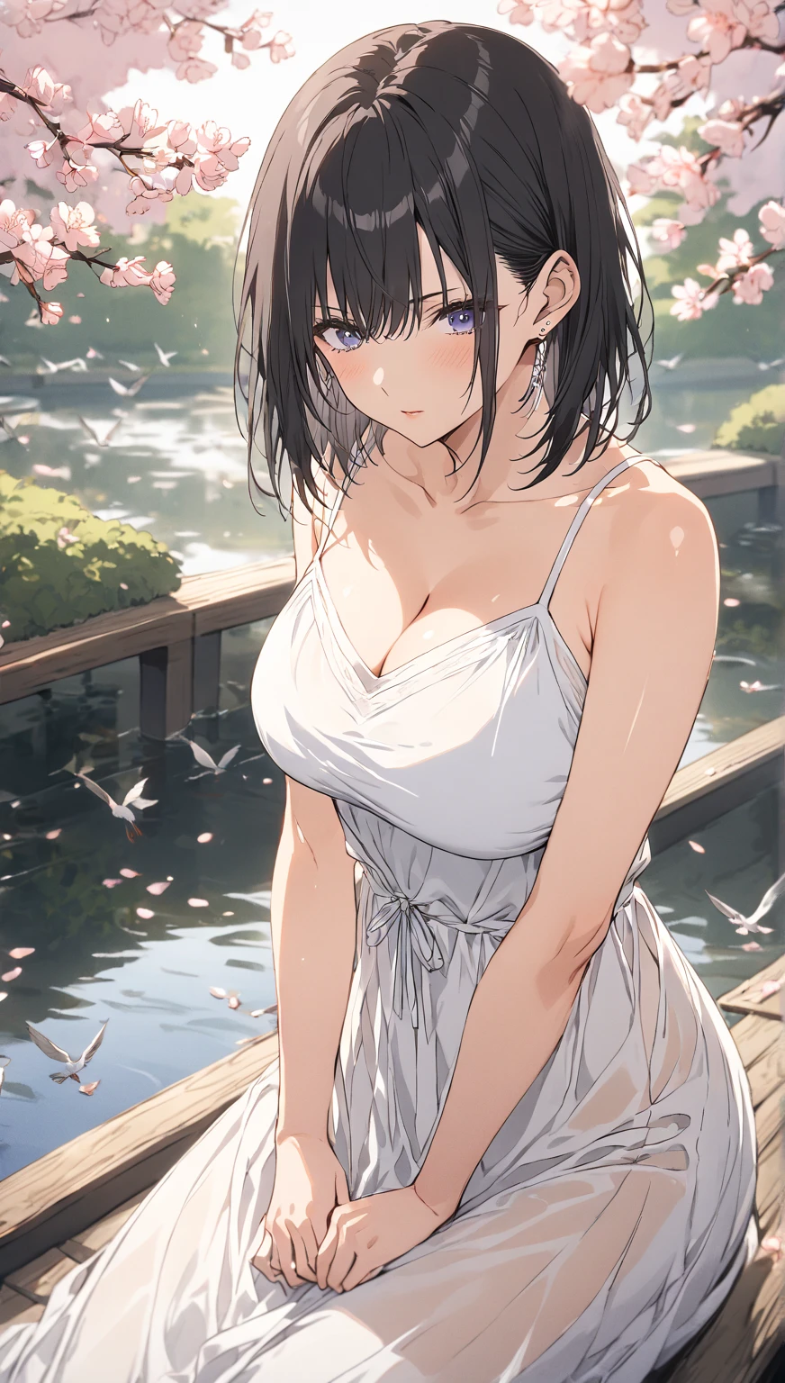 masterpiece, ((masterpiece)), (detailed), (perfect eyes), (one girl), solo, young mature woman, sexy, shiny skin, glossy skin, black short hair, blue eyes, mouth close, serious expression, camisole white long maxi dress with spaghetti strap(semi transparent), big breast, cleavage, small silver earrings, A tranquil Japanese garden, with a koi pond reflecting the soft morning light. The air is fresh with dew, and delicate cherry blossoms gently fall from the trees. Aiko stands on a small wooden bridge that arches over the pond, her reflection blending with the still water. A few birds flutter in the background, and the entire scene is peaceful, with soft morning light filtering through the trees. (Depth of field, Focus on girl)