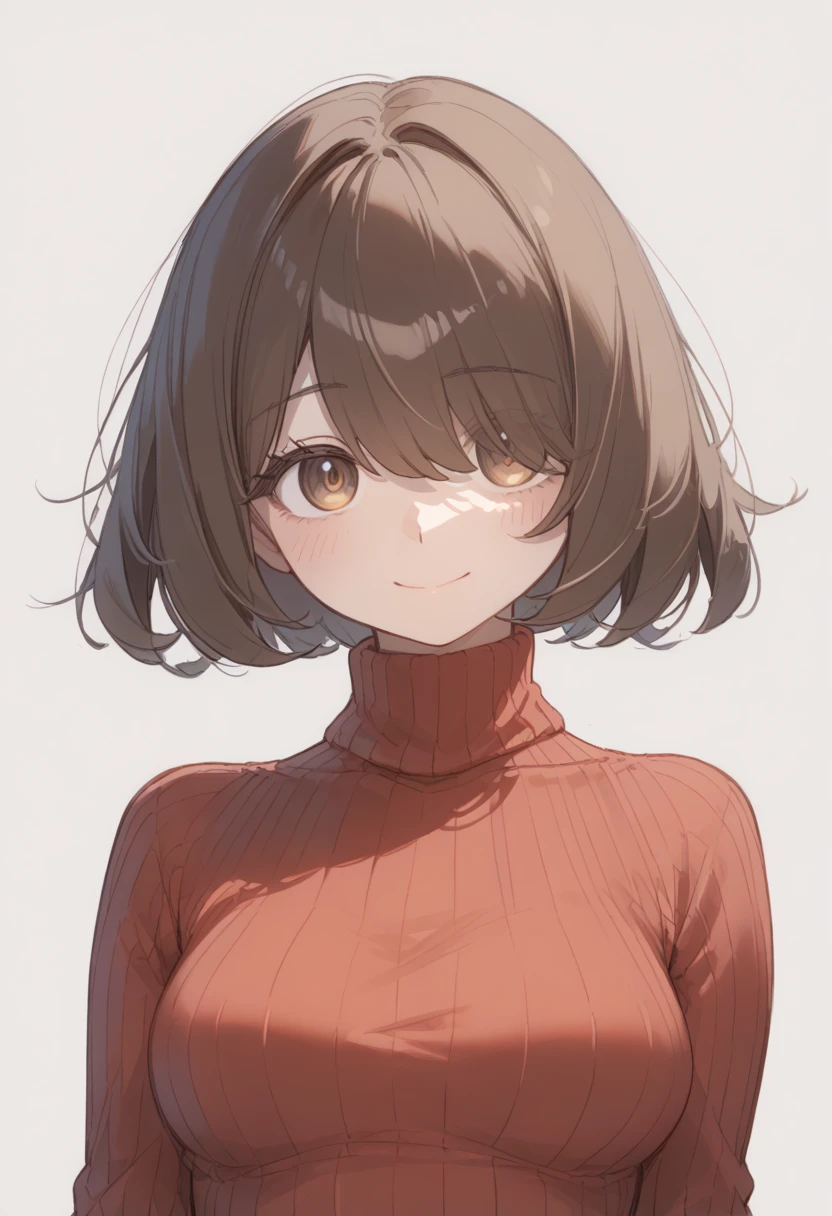 (( best quality)), ((masterpiece)), ( Details), 1girl, Alone, cute, sketch-style illustration, The lines are unstable in thickness, shoulder-length hair, straight hair, brown hair, hair over eyes, wispy bangs, medium breasts, long turtleneck sweater, beautiful detail eyes, Droopy eyes, light smile, look for viewer