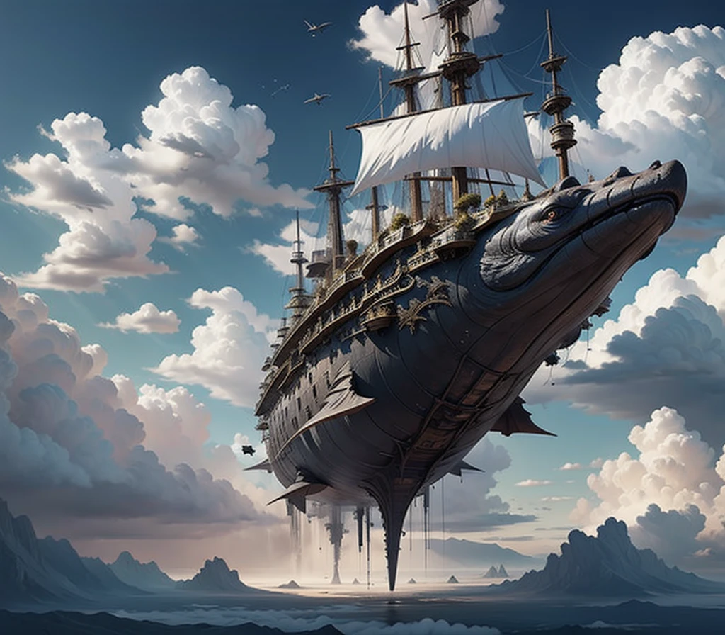 A flying ship in the clouds above the continent high in the sky. A huge path of a colossal creature is visible from the clouds, leviathan, with many eyes. chases the ship.