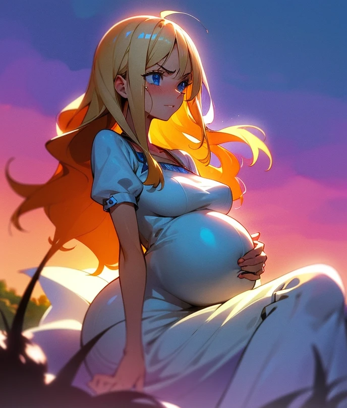 1 ,   long hair  ,   High resolution  , breasts, rice, blue eyes,   Fringe between the eyes, Necessary, HD model, Blonde hair, shiny hair,   Split Fringe, light blush,   red lips  , shy, Vanishing point, silhouette, scanlines,  anime style , anime, one piece, wavy hair, Alone,  messy hair ,  textured skin ,  porn movie , Blush, Closed mouth,  embarrassed , open eyes, sparkling eyes, thinking, sigh, worried,  Side view, brilliance, silhouette, Scanlines, pregnant, barriga de pregnant,  dress holding the belly,  hands on the belly , garden, picnic, sitting, sunset, flores,  dress, dress floral, dress fofo, dress romântico, dress rodado