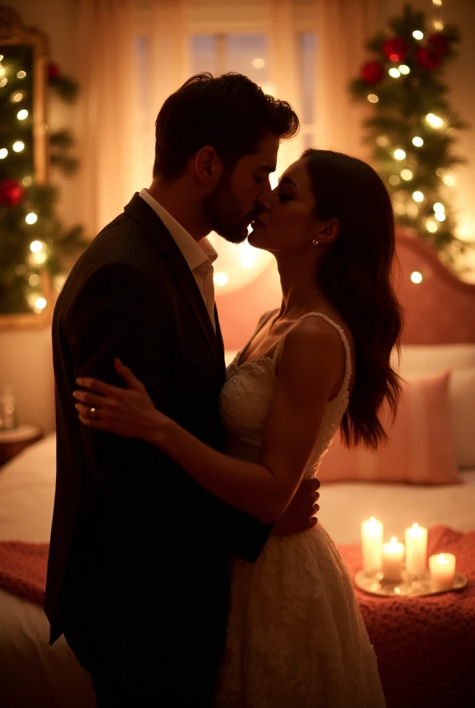 Couple, kissing in the bed, christmas night.