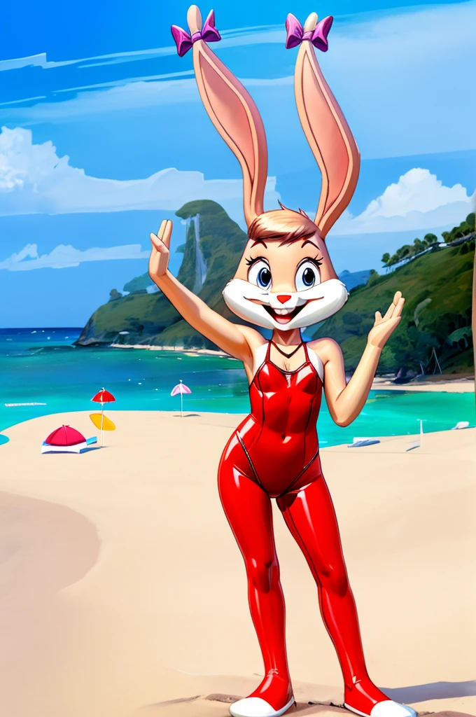 Rabbit is a full-length cartoon girl slim skinny in a red tight lycra swimsuit on the beach with a happy face