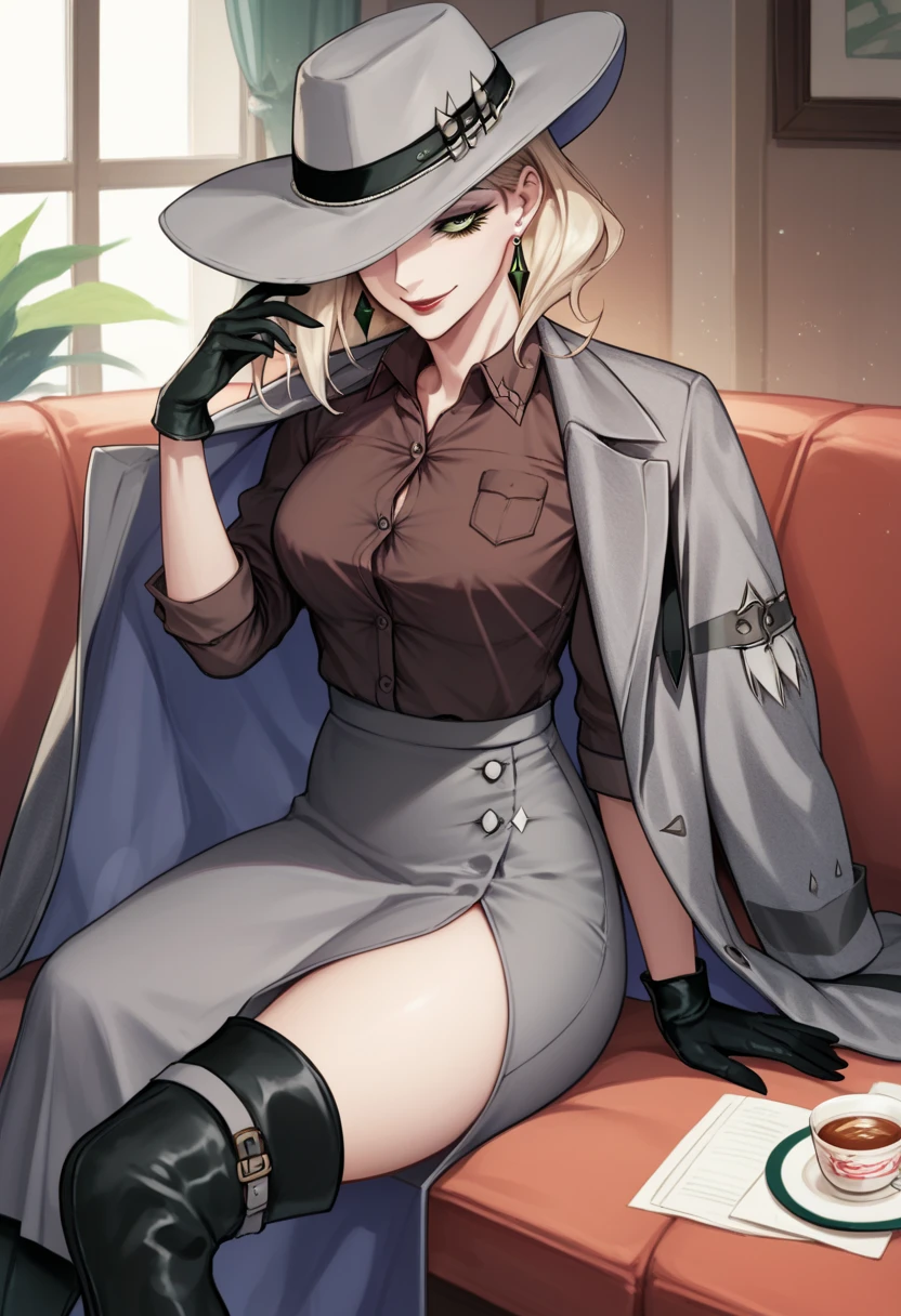  1girl, sitting, brown shirt, collared shirt, grey coat, coat on shoulder, gloves, grey pencil skirt, long skirt, side slit, black thigh boots, thighs, makeup, red lips, hat over one eye, one eye covered, light smile, earrings, green eyes, in cafe,covered eract nipple, button shirt open, estrus, horny