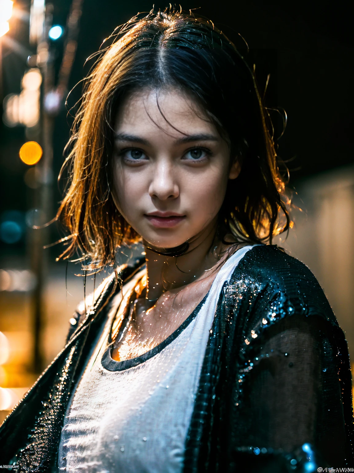 Wet roads ,drenched, Dripping, Wet Face,Wet clothes, Wet Skin, Wet Hair,A young woman with a cute face like an idol,chest,((Daytime)),(Cinema lighting),(Natural light),(High level of artistry),(Artistic),RAW Photos,Genuine,Genuine,High resolution,RAW Photos,masterpiece, beautiful