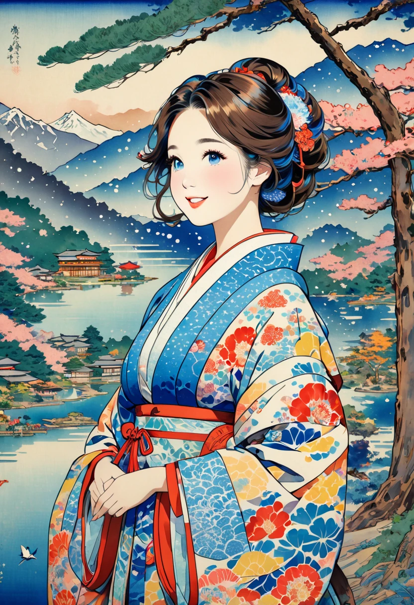 ( best quality, masterpiece,  high definition , 8k),  Young and Beautiful Women ,  cute face,  colorful kimono with bright patterns that reveal the chest, Mid-chest,  beautiful smiling woman , Long brown hair, Mountain, Hotel, lake, blue bird ,  birds are flying, Blue Butterfly, large pine tree branch, Colorful Ukiyo-e style illustrations,  Detailed Illustration Art , 