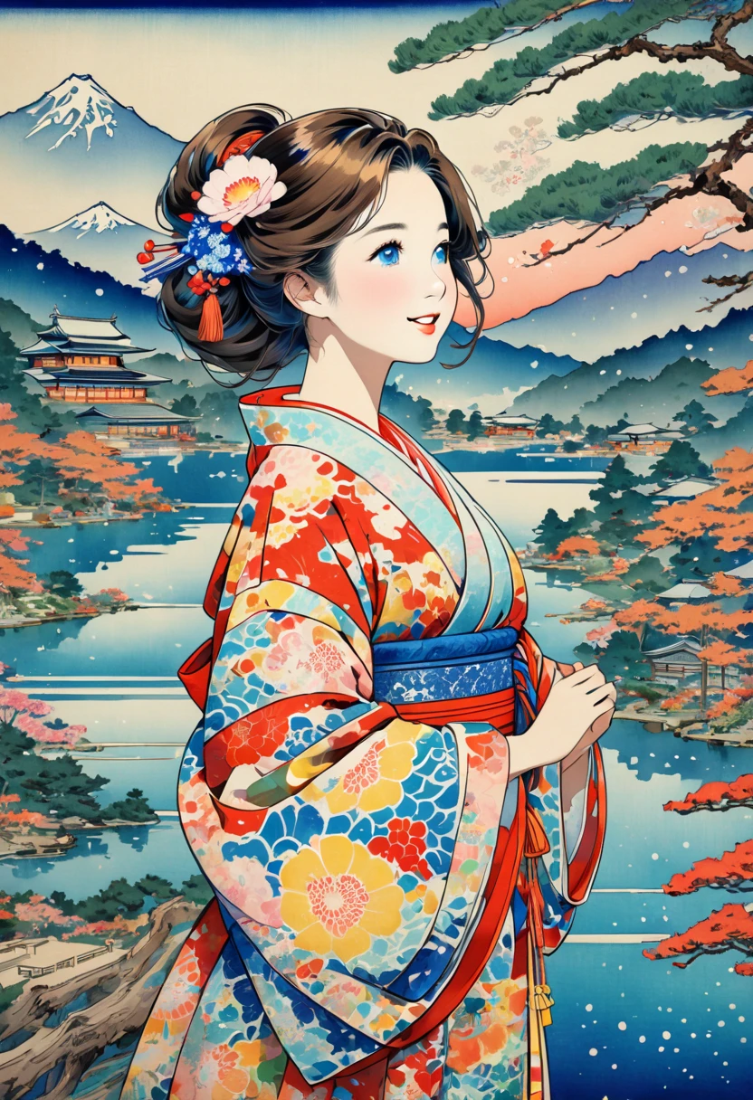 ( best quality, masterpiece,  high definition , 8k),  Young and Beautiful Women ,  cute face,  colorful kimono with bright patterns that reveal the chest, Mid-chest,  beautiful smiling woman , Long brown hair, Mountain, Hotel, lake, blue bird ,  birds are flying, Blue Butterfly, large pine tree branch, Colorful Ukiyo-e style illustrations,  Detailed Illustration Art , 