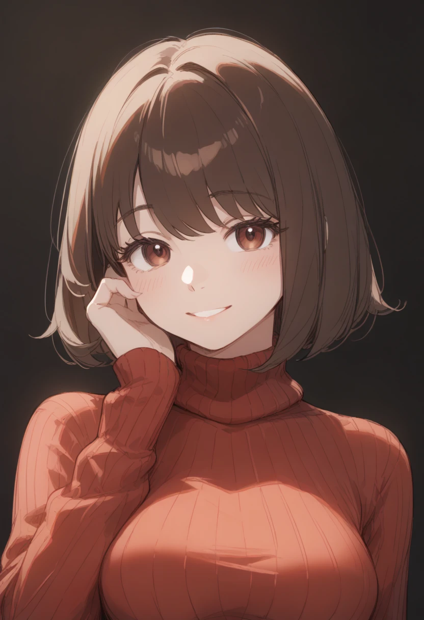 (( best quality)), ((masterpiece)), ( Details), 1girl, Alone, cute, sketch-style illustration, The lines are unstable in thickness, shoulder-length hair, straight hair, brown hair, hair over eyes, wispy bangs, medium breasts, long turtleneck sweater, beautiful detail eyes, Droopy eyes, light smile, look for viewer