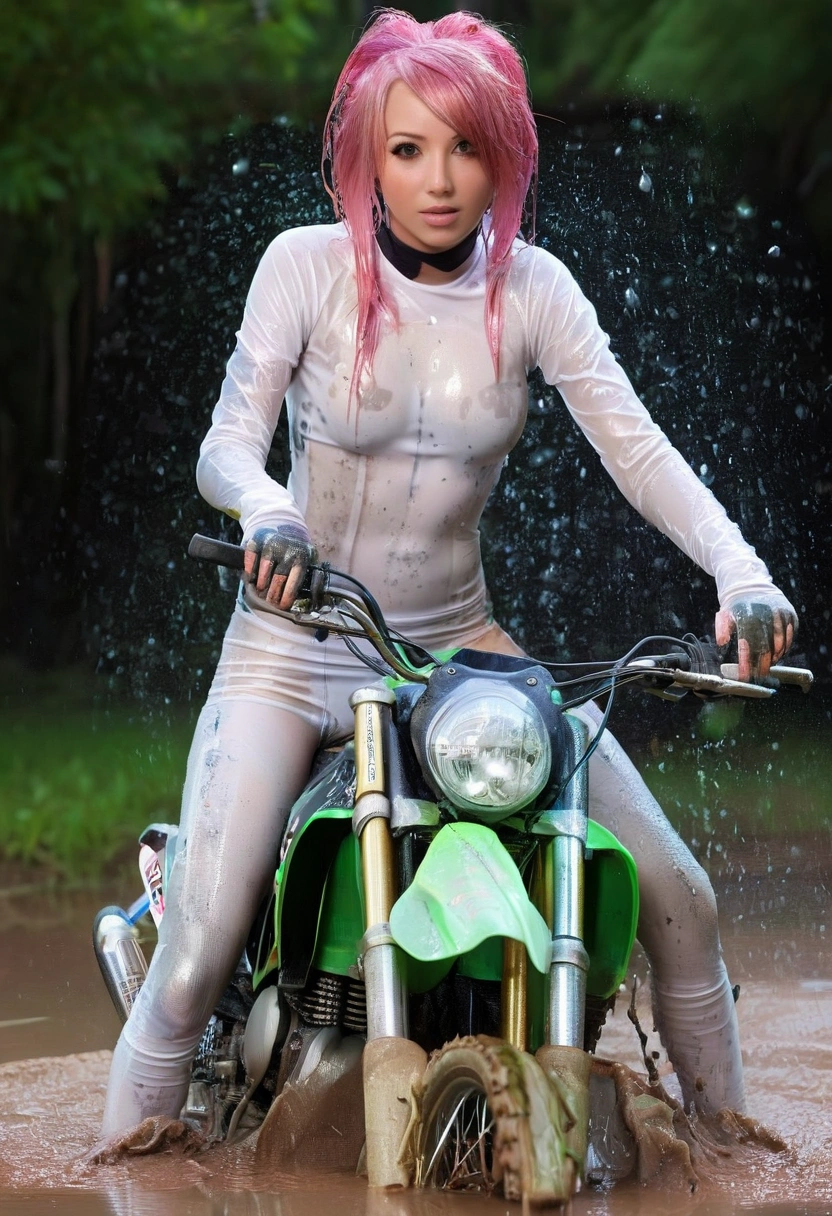 Front view, 21 year-old fluorescent pink hair, straddling her Kawasaki Motorcross Dirt bike, (soaked, drenched transparent white:1.4) translucent seamless panty:1.4), small firm breasts, very messy high bun, thigh highs, cherry trees, dark blue starry night, high-definition, photo realistic, 8k, super sharp image, ultra realistic