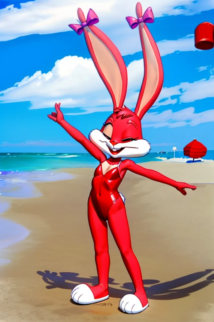 Rabbit is a full-length cartoon girl slim skinny in a red tight lycra swimsuit on the beach with a happy face