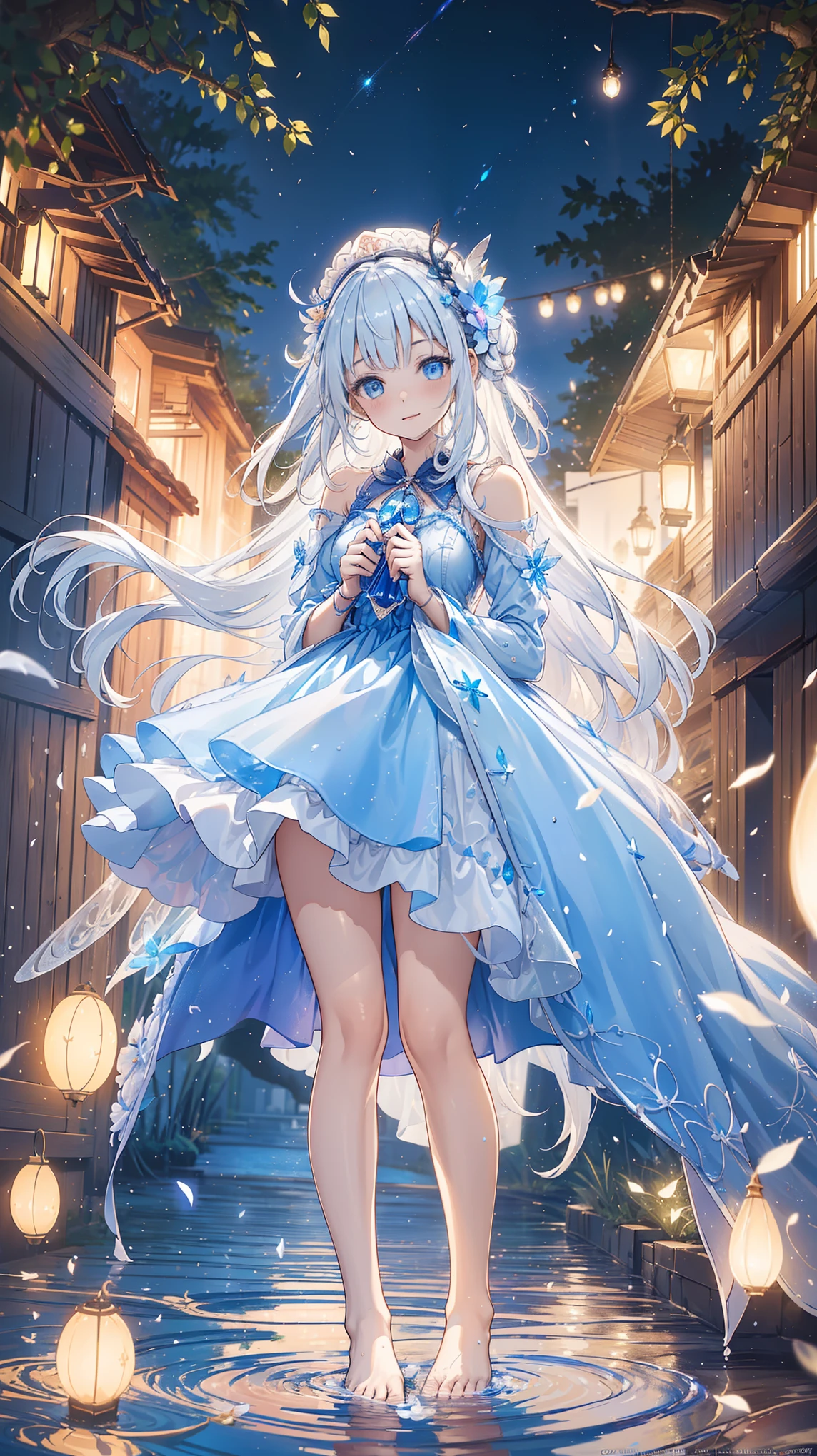  a girl , The Most Beautiful Woman in the World , Side seated , White hair, Long Bian , White hair,  blue eyes , ((( Barefoot in the water , Lightly dressed Lolita，Small hat， The dress has moving streamers ) )),  Deep Magical Forest ， Growing Neon Flowers and Fireflies ,  Colorful flowers and leaves , { Extremely Detailed 16k CG Unit Wallpaper}, Wide-ranging landscape photography, (  The focus is on characters and scenes  ), ( wide field of view ), (Low Angle Shot), (emphasize: 1.2), (Low Light: 1.7), ( Warm light source: 1.2),  Complex details , ( iridescent color : 1.5), ( brightly illuminate ), (Ambient lighting )
