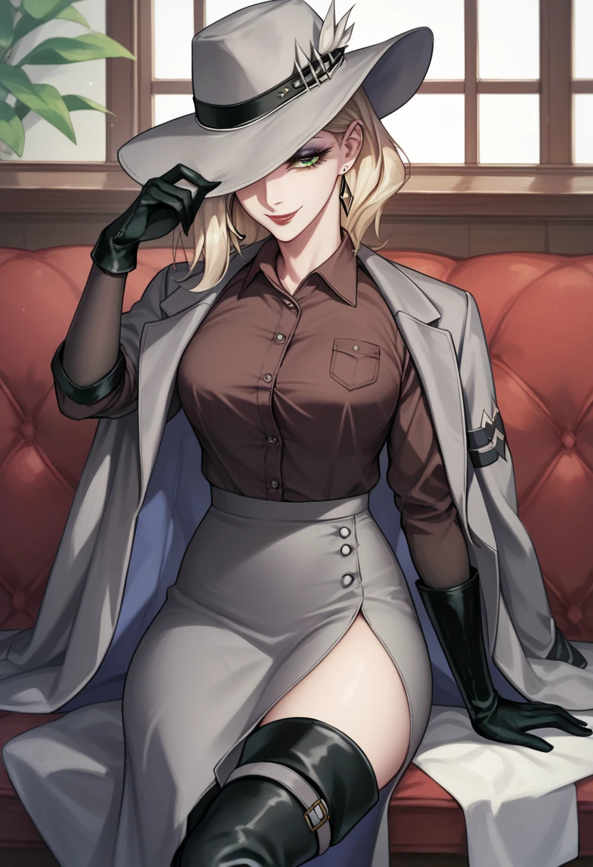  1girl, sitting, brown shirt, collared shirt, grey coat, coat on shoulder, gloves, grey pencil skirt, long skirt, side slit, black thigh boots, thighs, makeup, red lips, hat over one eye, one eye covered, light smile, earrings, green eyes, in cafe,covered eract nipple, two button shirt open, estrus, horny