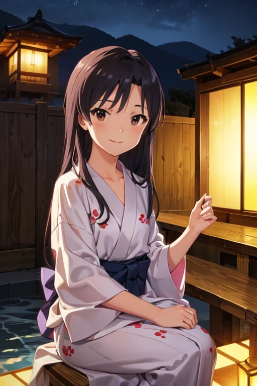 (smile:1.2)、 best quality,  high definition ,slender、 small face、 Brown Eyes 、Tall、、Long Hair、hot spring、hostel、Yukata、  knight ,yukata