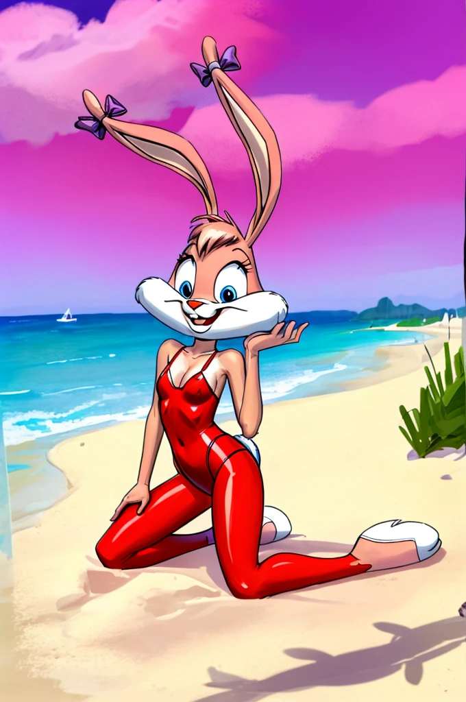 Rabbit is a full-length cartoon girl slim skinny in a red tight lycra swimsuit on the beach with a happy face