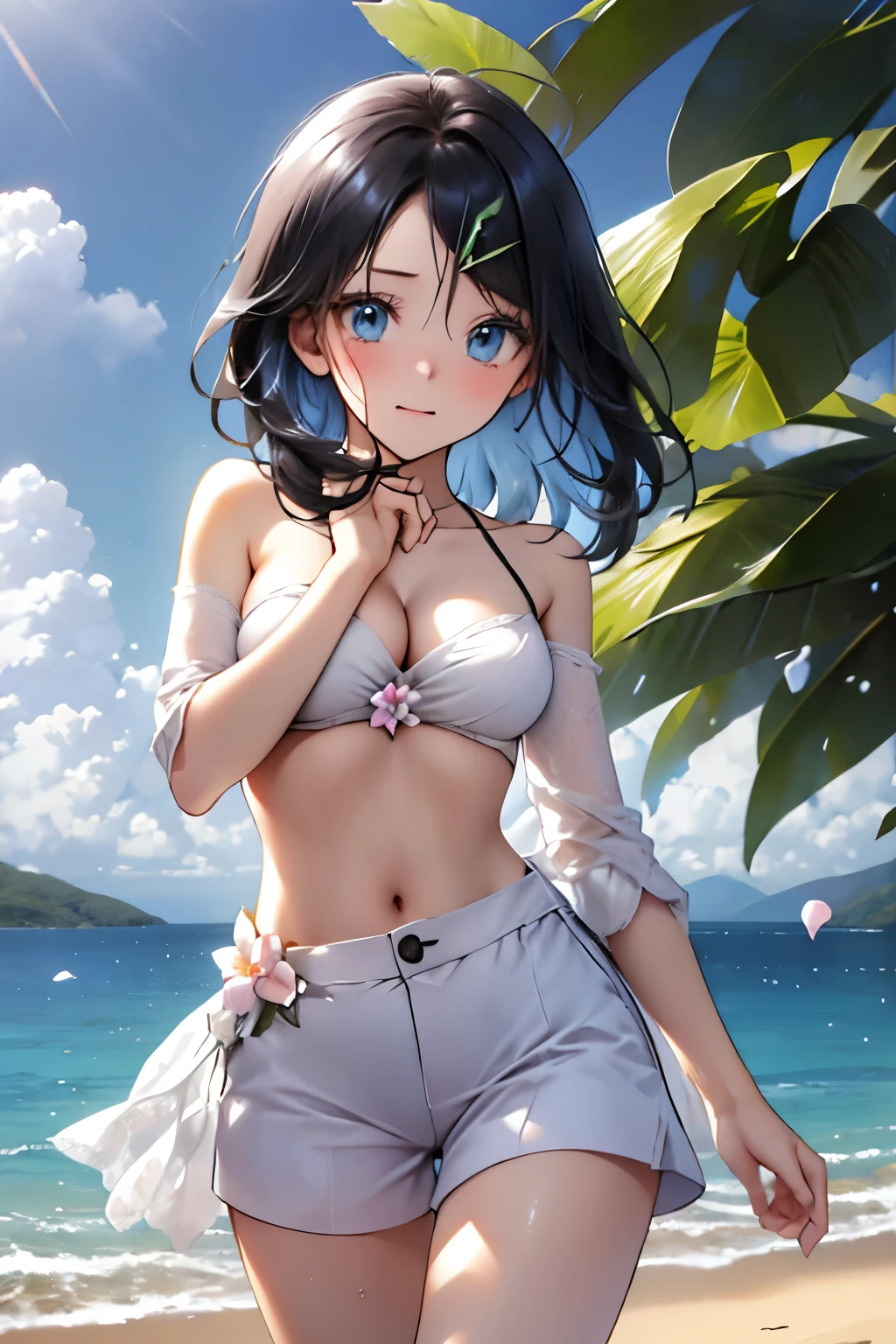 Chino, topless, (((Leg spread))), Detailed depiction of nipples, cleavage , cute, (masterpiece, best quality, 8K ultra-high resolution :1.4), ((Pokemon Rico )), (tropical, beachside, flower: 1.4), Written Boundary Depth, Film focus, angle from below, Variety Pose , Emotional composition, Emotional engine full throttle BREAK Young and cute girl, Slender body, flat chested, Provocative, (( embarrassed face )), Expressions of affection, Extremely Detailed and Shiny Skin ,sweat, topless, exposed breasts, shorts, wet and shiny thighs , 完璧なPokemon Rico トップブレイク
, wind, detailed in the wind, petals dancing in the wind
BREAK
ultra detailed crystal eyes, Sparkling jewel-like eyes