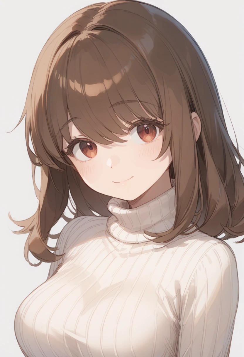 (( best quality)), ((masterpiece)), ( Details), 1girl, Alone, cute, sketch-style illustration, The lines are unstable in thickness, shoulder-length hair, straight hair, brown hair, hair over eyes, wispy bangs, shoulder-length hair, medium breasts, long turtleneck sweater, beautiful detail eyes, Droopy eyes, light smile, closed mouth, look for viewer