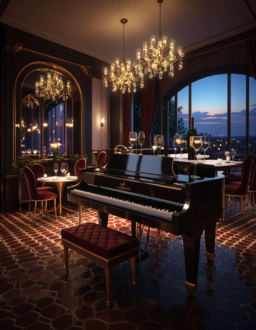 there is a table with a piano and a glass of wine , Unreal Engine ; romantic theme,  luxurious setting ,  restaurant table by candlelight  ,  has described in detail the empty jazz cafe , a fashionable ,  romantic atmosphere ,  romantic atmosphere , ,  restaurant with photorealistic lighting , realistic Unreal Engine 3 d game, highly realistic Unreal Engine,  cozy atmosphere,  photorealistic cinematic highly detailed environment, true  Realistic image , masterpiece,  artwork,  hyperrealistic , rendering ,  realistic physical rendering ,  Photorealistic rendering ,  highly detailed ,  high-quality render ,  architectural rendering ,  very realistic 3D render ,  Realistic image ,