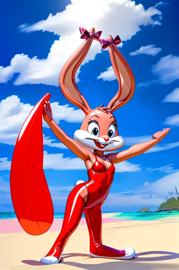 Rabbit is a full-length cartoon girl slim skinny in a red tight lycra swimsuit on the beach with a happy face