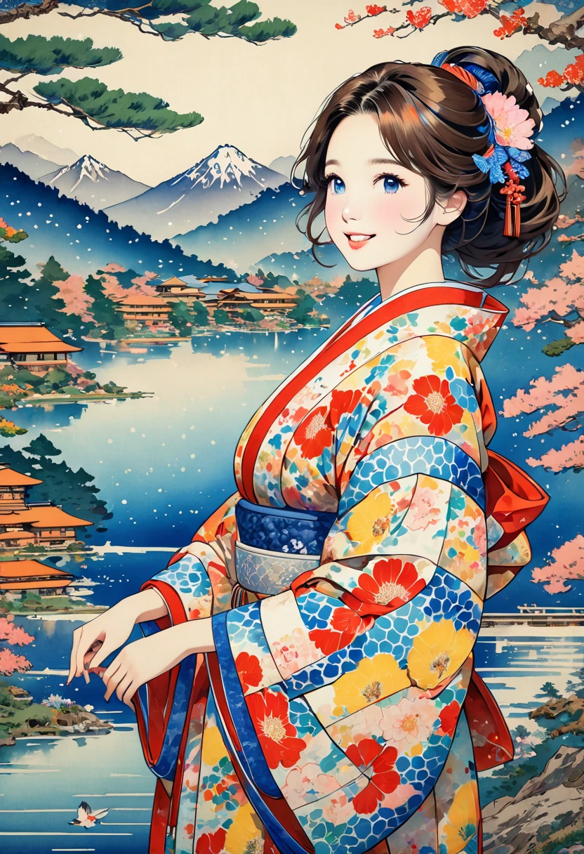 ( best quality, masterpiece,  high definition , 8k),  Young and Beautiful Women ,  cute face,  colorful kimono with bright patterns that reveal the chest, Mid-chest,  beautiful smiling woman , Long brown hair,  look at me and smile, Mountain, Hotel, lake, blue bird ,  birds are flying, Blue Butterfly, large pine tree branch, Colorful Ukiyo-e style illustrations,  Detailed Illustration Art , 