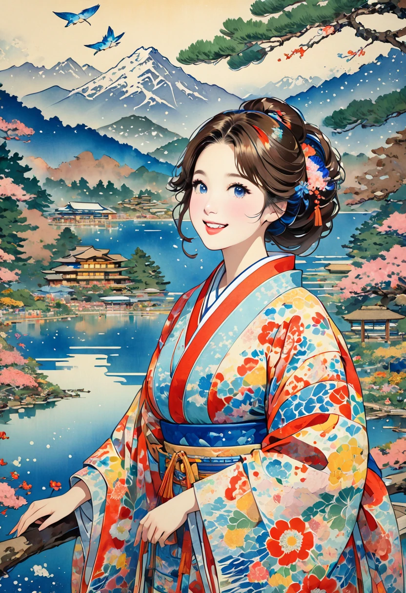 ( best quality, masterpiece,  high definition , 8k),  Young and Beautiful Women ,  cute face,  colorful kimono with bright patterns that reveal the chest, Mid-chest,  beautiful smiling woman , Long brown hair,  look at me and smile, Mountain, Hotel, lake, blue bird ,  birds are flying, Blue Butterfly, large pine tree branch, Colorful Ukiyo-e style illustrations,  Detailed Illustration Art , 