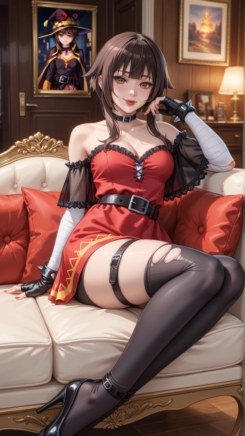 ((full body)), ((full pose)), kurumitokisaki, tokisaki kurumi, clock eyes, black hair, twintails, (red eyes:1.3), (yellow eyes:1.3), heterochromia, (medium breasts:1.3), ((wide smile:1.5)), ((slim body:1.5)), ((red cheeks:1.4)), ribbon, ((sexy black lingerie:1.4)), ((medium cleavage:1.4)), BREAK looking at viewer, BREAK (masterpiece:1.2), best quality, high resolution, unity 8k wallpaper, (illustration:0.8), (beautiful detailed eyes:1.6), extremely detailed face, perfect lighting, extremely detailed CG, (perfect hands, perfect anatomy), ((short-cut:1.4)), ((from down:1.4)), ((hands on chest:1.4)), ((crossed legs:1.5)), ((black panties:1.4)) ((sitting on sofa:1.5)), ((Stilettos shoes:1.5)), ((close up:1.4)) ((Sky from below:1.5)), ((forest background:1.4)), ((night:1.5)),
