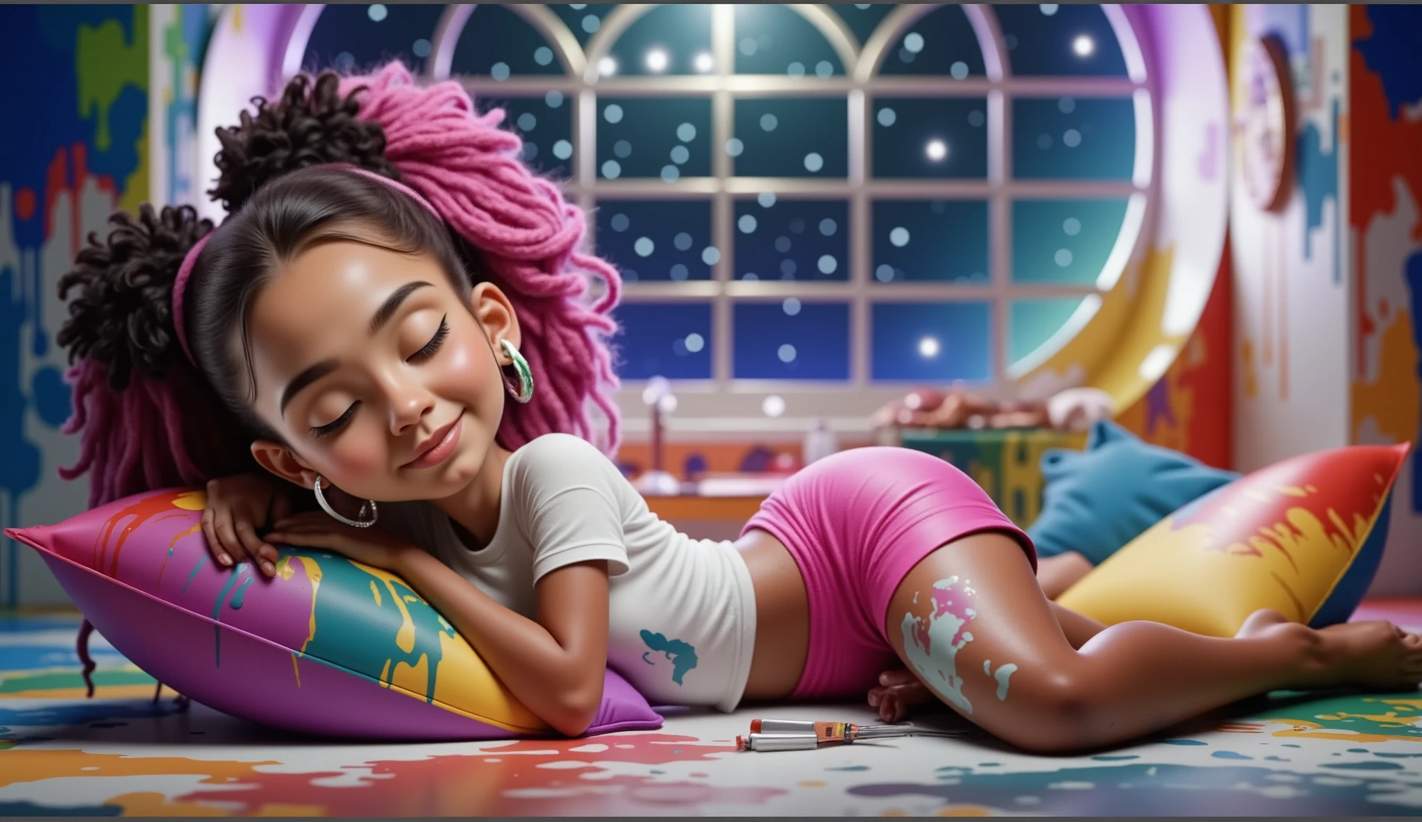 Inspired by Disney-Pixar 3D posters, the scene shows a girl, light brown skin, African descent, curly hair tied in a ponytail, a pink lock of hair, lying down with her eyes closed, clearly sleeping peacefully and happily. It is night, the moon is full and the stars shine breathtakingly, and the room has a soft glow that exudes a magical and peaceful atmosphere. The girl is surrounded by creative chaos: vibrant paints scattered everywhere, cushions of various colors around her, brushes and open paint pots, with splashes covering the floor, the cushions and even her own clothes. Her white T-shirt and pink shorts, short and sexy, tucked into her vagina so tight, white socks up to her knees. A huge window shows the beauty of this special night. They are stained with paint, her body is covered in splashes and traces of paint, but this adds to the feeling of creative joy. Her expression conveys peace and contentment, as if she had fallen asleep in the middle of an imaginative painting session. The scene, although messy, is enveloped by a playful and comforting atmosphere, highlighting creativity and dreaming.