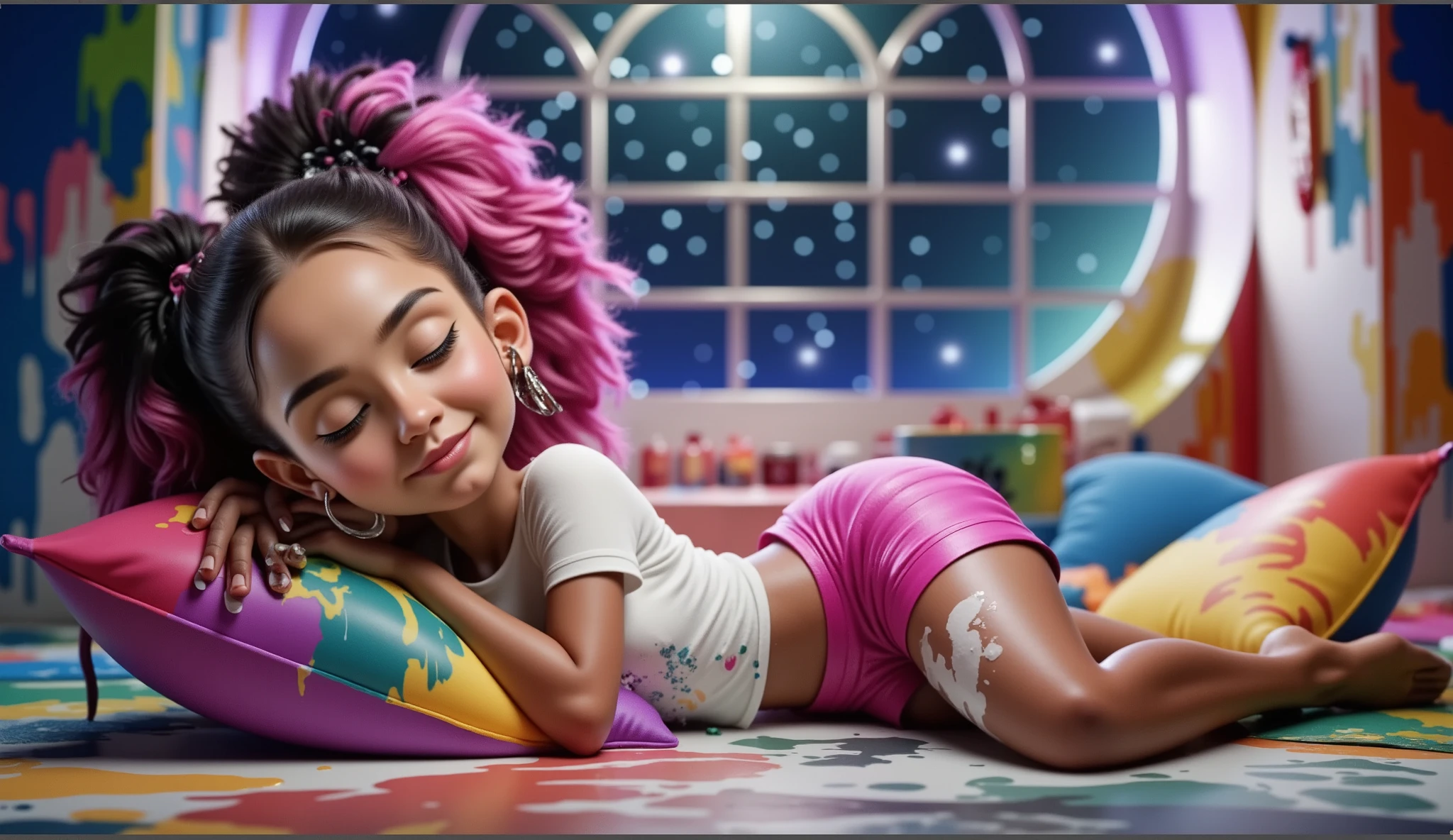 Inspired by Disney-Pixar 3D posters, the scene shows a girl, light brown skin, African descent, curly hair tied in a ponytail, a pink lock of hair, lying down with her eyes closed, clearly sleeping peacefully and happily. It is night, the moon is full and the stars shine breathtakingly, and the room has a soft glow that exudes a magical and peaceful atmosphere. The girl is surrounded by creative chaos: vibrant paints scattered everywhere, cushions of various colors around her, brushes and open paint pots, with splashes covering the floor, the cushions and even her own clothes. Her white T-shirt and pink shorts, short and sexy, tucked into her vagina so tight, white socks up to her knees. A huge window shows the beauty of this special night. They are stained with paint, her body is covered in splashes and traces of paint, but this adds to the feeling of creative joy. Her expression conveys peace and contentment, as if she had fallen asleep in the middle of an imaginative painting session. The scene, although messy, is enveloped by a playful and comforting atmosphere, highlighting creativity and dreaming.