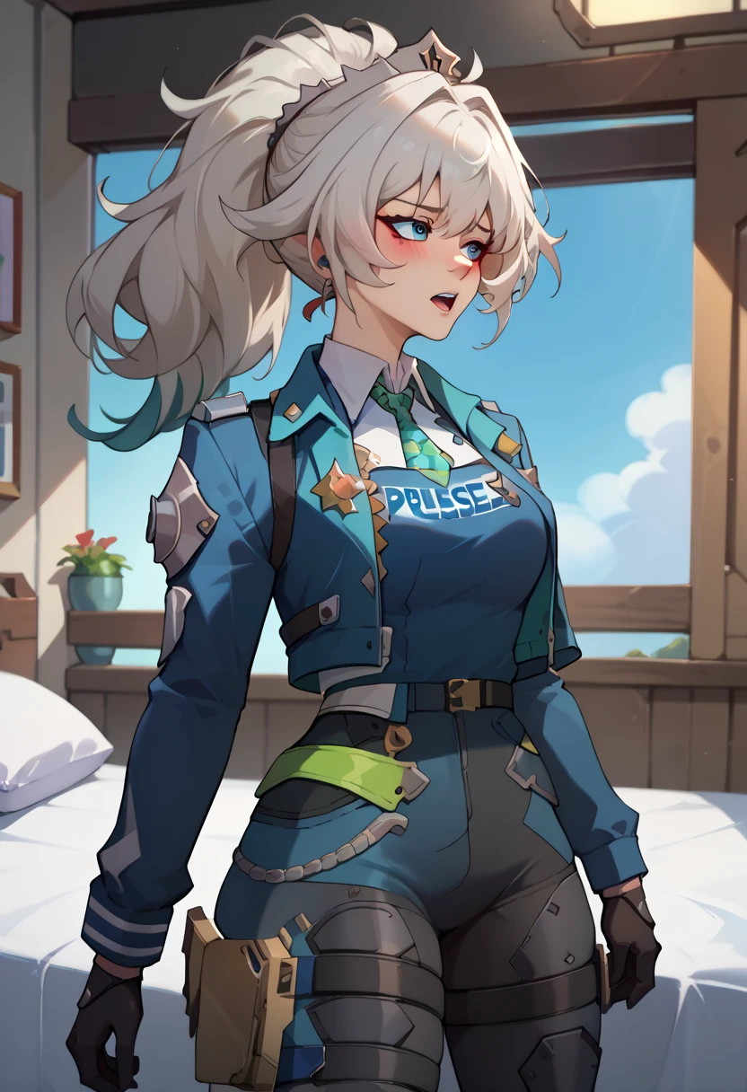 Feixiao, blue eyes, white hair, long hair, streaked hair, ponytail, police uniform, blue jacket, cropped jacket, long sleeves, black vest, two-tone vest, black gloves, green necktie, plaid necktie, black pants, high-waist pants, belt, thigh straps, knee pads, holster, tight pants, blue footwear, naked, nude, medium breast, unbuttoned shirt, nsfw, standing-sex-behind, sex from behind, groaning, blush, bedroom (bed)