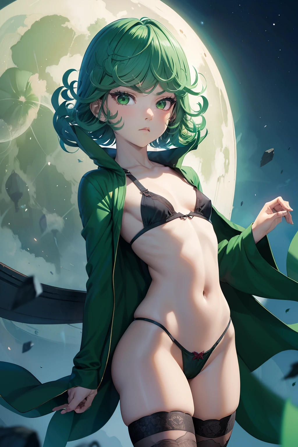 (1 girl, Alone, Masterpiece, 4k,  Best Quality:1.2, (cowboy shot), Best Quality:1.2, good hands, showy, (perfect hands, perfect anatomy)), 
Tatsumaki, transparent plastic micro bikini,poses,gypsy,tight, neckline, ((small breasts, medium hips, looking at the viewer)),  pelvic curtain, latex,  short hair, green fur,  (((arms up, hands lifting your clothes, hidden hands))), 
((simple background, White background)), from avajo,