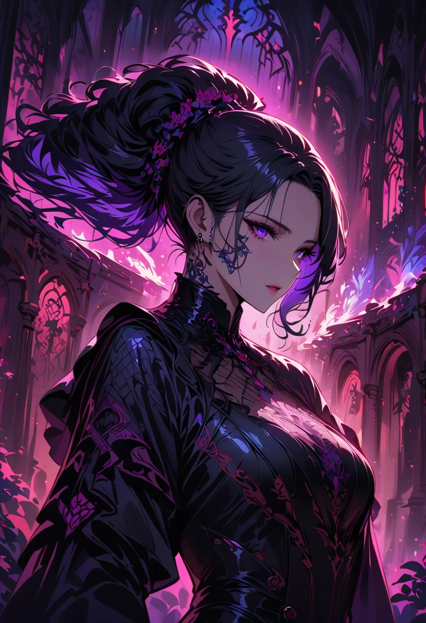 a detailed portrait of a female assassin in a dark fantasy setting, with long flowing hair in shades of black and purple, Tattood on the face, piercing blue, wearing a sleek black leather outfit , including dragon scales tattoos on her arms. She stands in a dimly underground chamber, holding two curved daggers , The scene is illuminated with flickering torches [flickering torches], casting shadows and enhancing the suspenseful atmosphere. The color palette is predominantly dark and moody, with hints of red and purple accents , creating a sense of mystery and danger. The lighting emphasizes the sharp edges and intricate details of the assassin's attire and tattoos, adding depth and texture to the overall composition . The image is of the highest quality, with extreme attention to detail , showcasing the artist's technical expertise and mastery of light and shadow. The art style is realistic yet with a touch of fantasy.