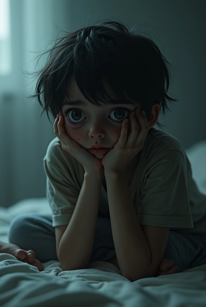 Black haired boy waking up scared