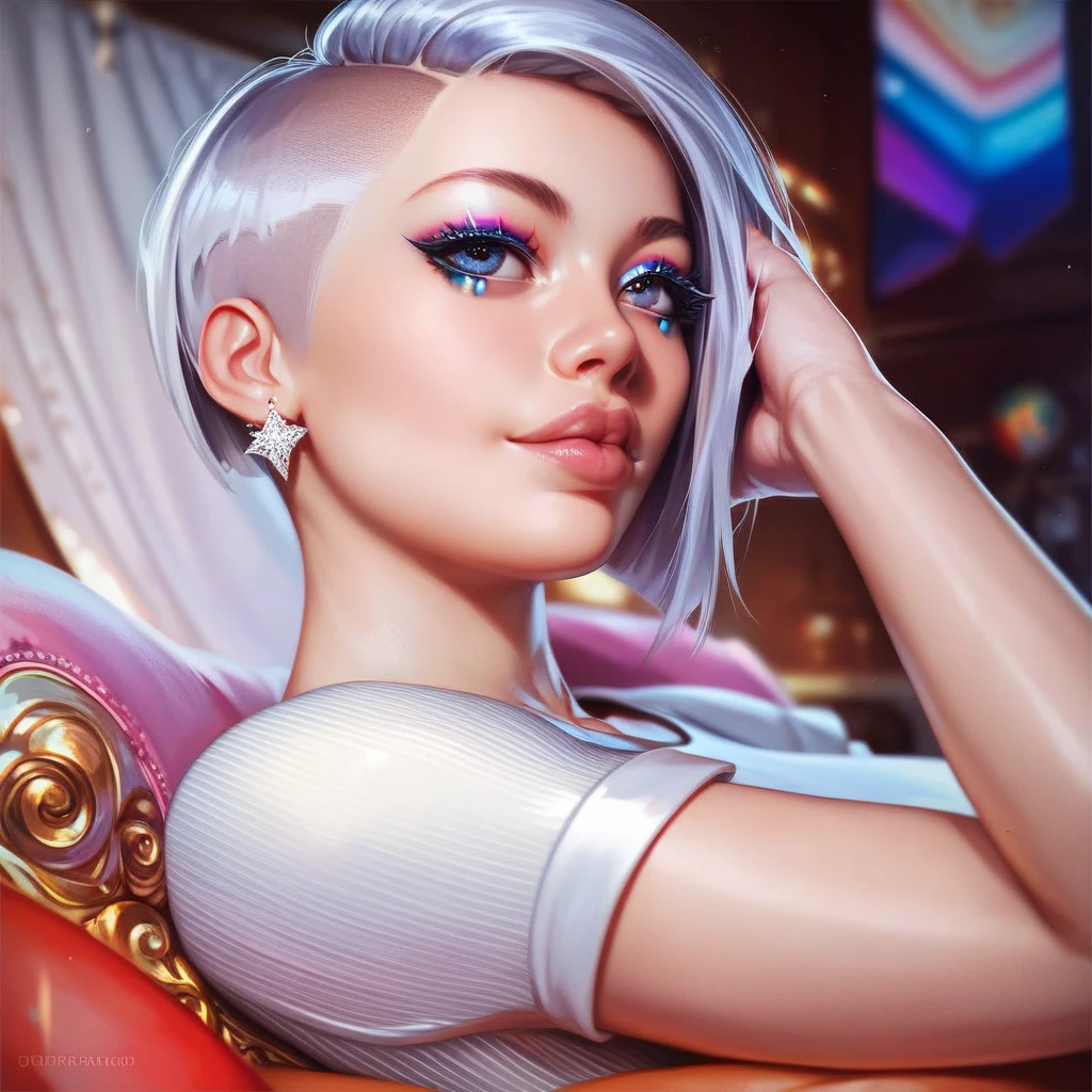 sexy girl with, a pretty face, white hair, purple eyes,(((sexy school uniform))) as the central character, wearing a stylish very sexy school uniform, with a funny expression on her face. The background is white,floating colorful water (cover-style:1.3), fashionable, woman, vibrant, outfit, posing, front, dynamic,white background, elements, funny, expression, statement, accessory, (((gold))), majestic, coiled, around, touch
