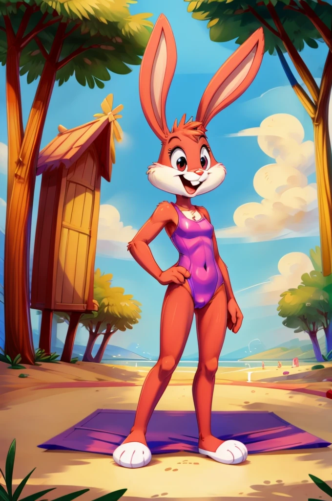 Rabbit is a full-length cartoon girl slim skinny in a red tight lycra swimsuit on the beach with a happy face