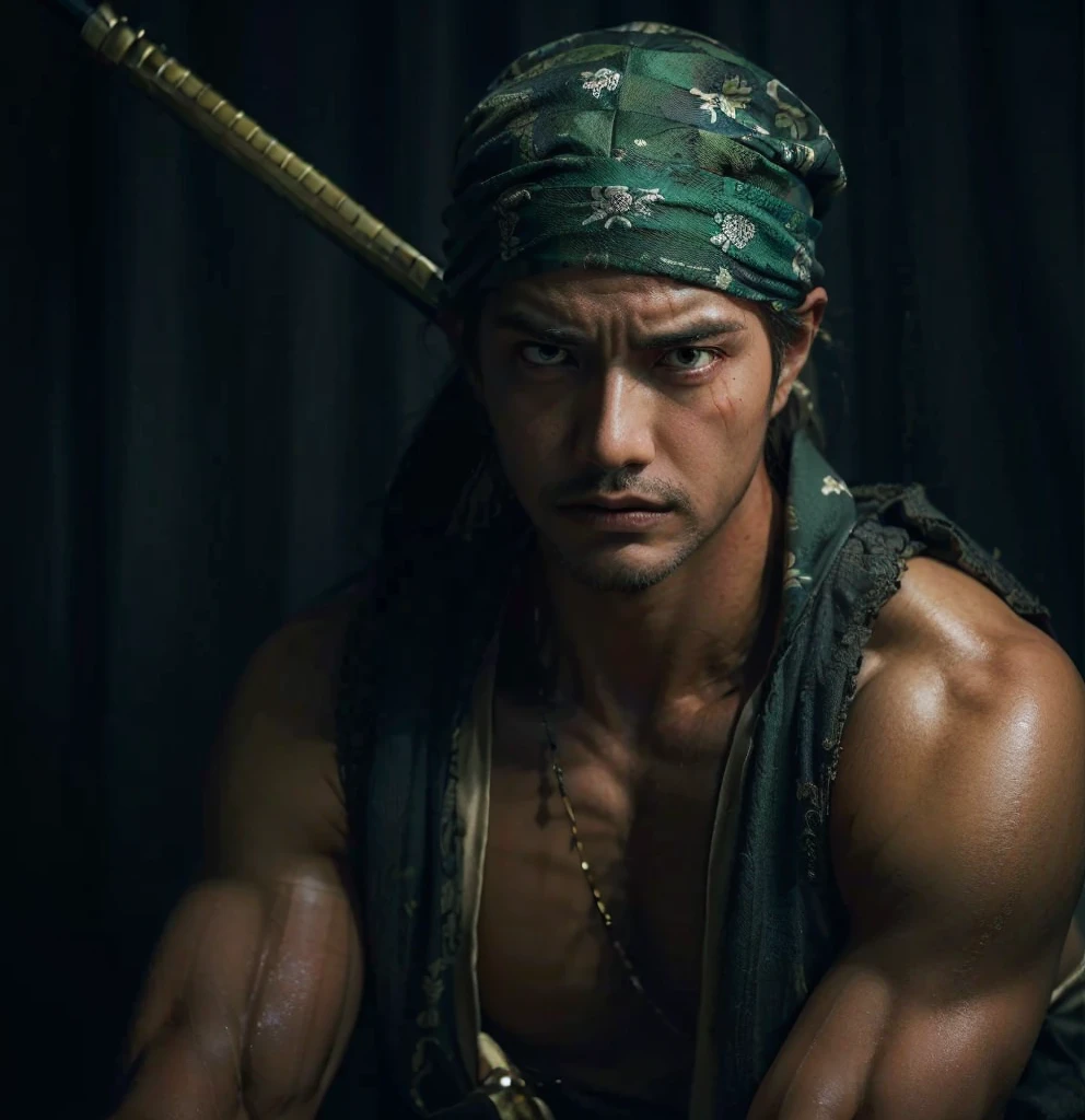 A man worn out with a katana sword and a bandana in a dark room, a character portrait inspired by Yoshihiko Wada, presented in the CGSociety style, shin hanga, a dramatic portrait of Uuenn, a dramatic portrait of Namenlos, serious dramatic pose, portrait photo, Roronoa Zoro, character photography, taken with Canon EOS R5.