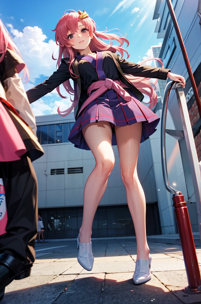 masterpiece,  best quality,  high definition ,  absurd,  1 girl, crowd,  skirt,  Pink Hair, Gasai Yuno, from below ,  revealing clothing ,  Skintation , Outdoor, sunlight, street,  watching viewers , ,