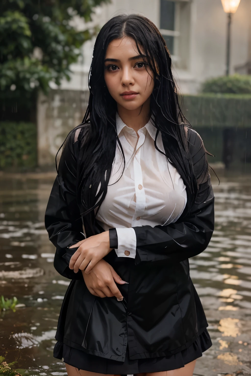 1girl, long black hair,schoolgirl uniform, shy, blush, wet, rain, transparent, (masterpiece, best quality), soft light, cinematic composition, cinematic light, big breast