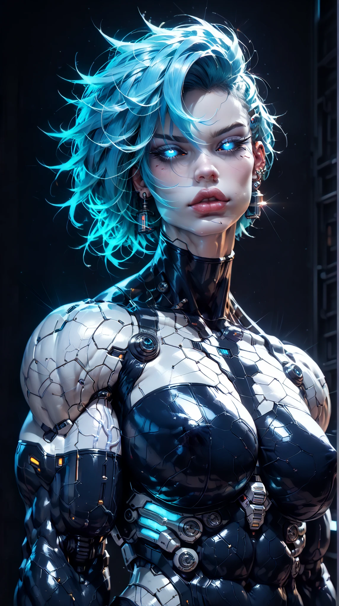 score_9, score_8_up, score_7_up,beautiful teenage muscular goth cyborg girl, nude, (black sclera:1.5), (blue glowing eyes:1.5), (blue glowing body veins:1.5),(((muscular bodybuilder physique:1.75))), ((((extreme muscular hypertrophy:1.5)))), (flat muscular pecs:1.5), (Cyborg exosuit:1.5), ((skinny thin legs:0.75), (blue glowing hair:1.25),(beautiful face:1.25), bimbo lips, blank background, gothic neon style, cyber punk style, zPDXLxxx, zPDXL3, zPDXLrl