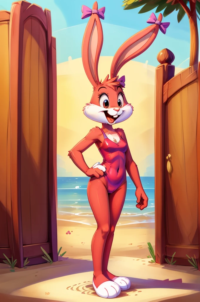 Rabbit is a full-length cartoon girl slim skinny in a red tight lycra swimsuit on the beach with a happy face bow on her ears