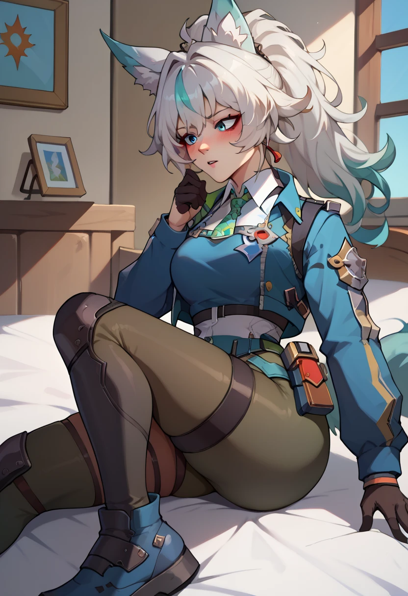 Feixiao, blue eyes, kitsune ears, white hair, long hair, streaked hair, ponytail, police uniform, blue jacket, cropped jacket, long sleeves, black vest, two-tone vest, black gloves, green necktie, plaid necktie, black pants, high-waist pants, belt, thigh straps, knee pads, holster, tight pants, blue footwear, naked, nude, medium breast, unbuttoned shirt, nsfw, groaning, blush, bedroom (bed)