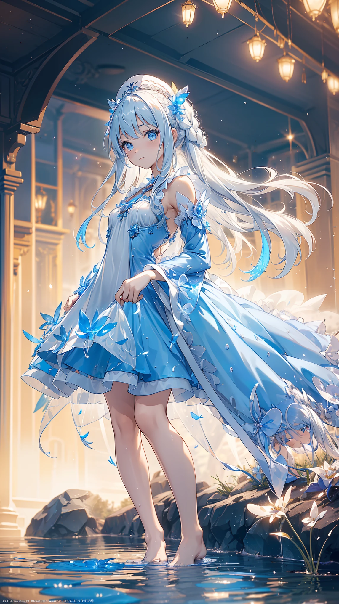 a girl , The Most Beautiful Woman in the World , Side seated , White hair, Long Bian , White hair, blue eyes , ((( Barefoot in the water , Lightly dressed ta,Small hat, The dress has moving streamers ) )), Deep Magical Forest , Growing Neon Flowers and Fireflies , Colorful flowers and leaves , { Extremely Detailed 16k CG Unit Wallpaper}, Wide-ranging landscape photography, ( The focus is on characters and scenes ), ( wide field of view ), (Low Angle Shot), (emphasize: 1.2), (Low Light: 1.7), ( Warm light source: 1.2), Complex details , ( iridescent color : 1.5), ( brightly illuminate ), (Ambient lighting )