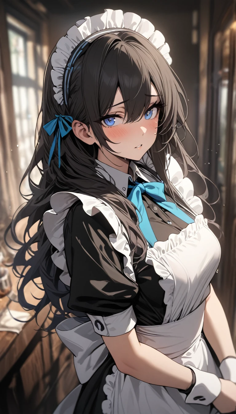 masterpiece,  best quality,  1 girl,Maid headdress, Maid, blue eyes,  black hair,  headband, Long Hair, Hair in the eyes