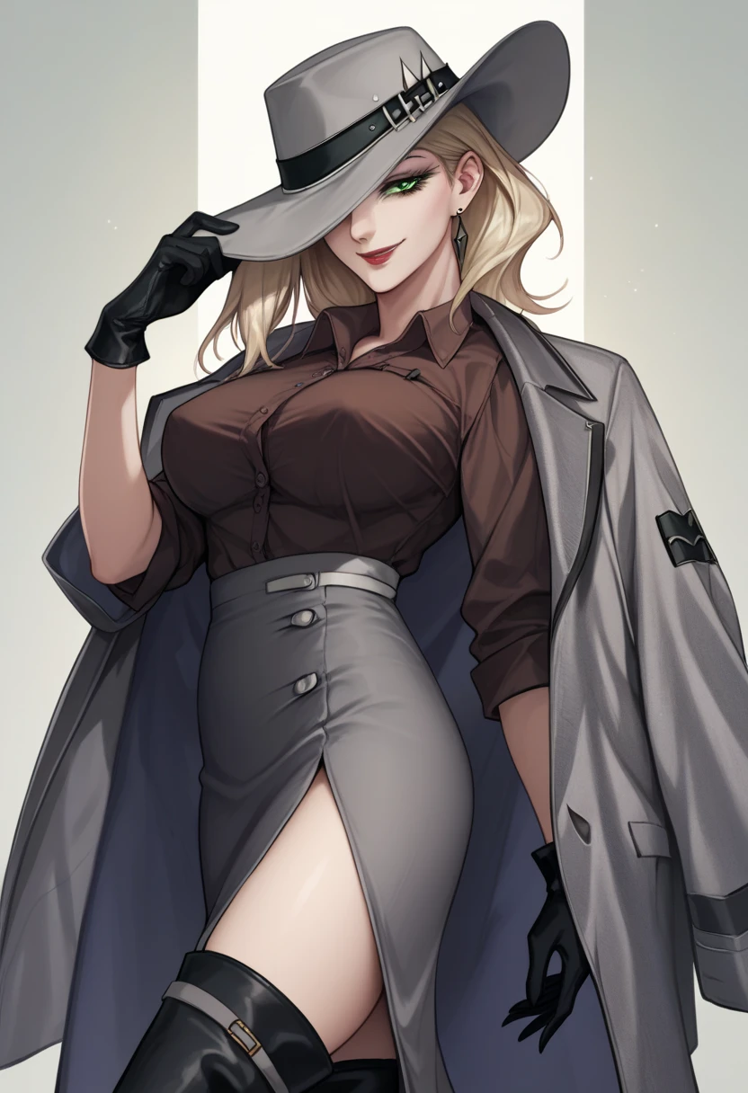  1girl, wallking, brown shirt, collared shirt, grey coat, coat on shoulder, gloves, grey pencil skirt, long skirt, side slit, black thigh boots, thighs, makeup, red lips, hat over one eye, one eye covered, light smile, earrings, green eyes, in downtown,covered eract nipple, two button shirt open, large breast