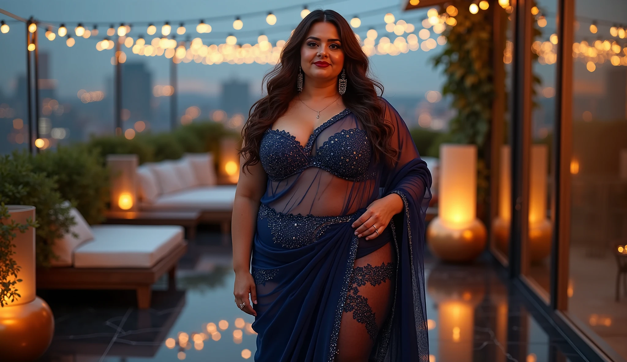Looks like Tabu, full body Closeup shot, barefoot, Big curvy aunty, milf, cougar lady witch, horny Gothic milf,  60 years old gorgeous mature lady, pervert demoness, demoness of lust, curvy, black lips, horny face, extremely gorgeous, thick figure, heavy physique, voluptuous, curvy, sexy figure, intricate details, givenchy, photoreal, 200mm, hd, f/ 2.0, highly detailed, surreal, sexy beautiful evil woman, sexy bold sequin Saree with strapless Bra, chudail, Pishachini, horror genre, blood-thirsty enchantress, powerful female spirit, eerie, drop dead, in the style of red and blue, (intricate details, hyperdetailed:1.15) (skin texture:1.2), dark Moody tone, cinematic lighting, haunted place in background, 
