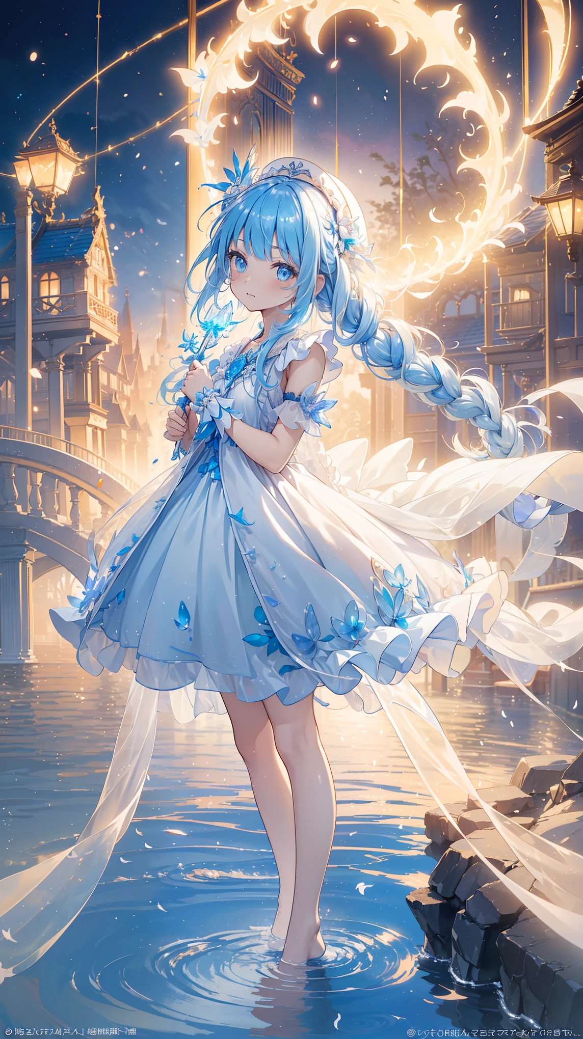 a girl , The Most Beautiful Woman in the World , Side seated , White hair, Long Bian , White hair, blue eyes , ((( Barefoot in the water , Lightly dressed ta,Small hat, The dress has moving streamers ) )), Deep Magical Forest , Growing Neon Flowers and Fireflies , Colorful flowers and leaves , { Extremely Detailed 16k CG Unit Wallpaper}, Wide-ranging landscape photography, ( The focus is on characters and scenes ), ( wide field of view ), (Low Angle Shot), (emphasize: 1.2), (Low Light: 1.7), ( Warm light source: 1.2), Complex details , ( iridescent color : 1.5), ( brightly illuminate ), (Ambient lighting )