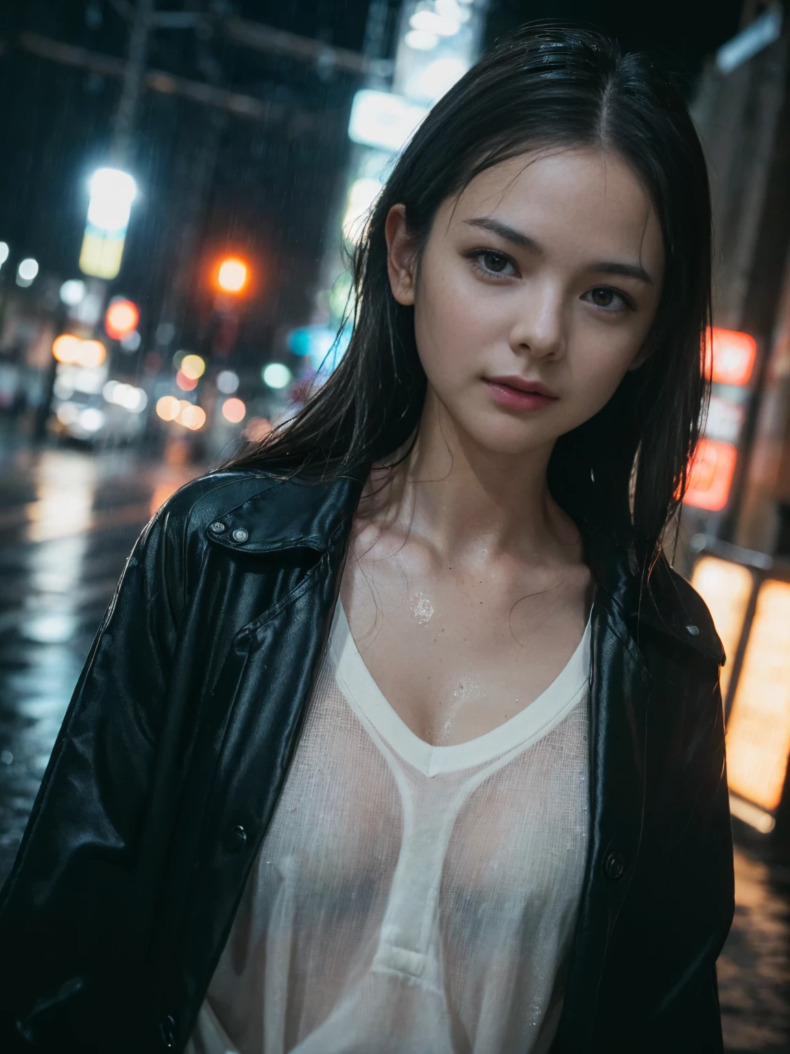 Wet roads ,drenched, Dripping, Wet Face,Wet clothes, Wet Skin, Wet Hair,A young woman with a cute face like a Japanese idol,chest,((Cinema Lighting),(Natural light),(High level of artistry),(artistic),(Indistinguishable quality from the real thing),RAW Photos,Genuine,Genuine,High resolution,RAW Photos,masterpiece, beautiful