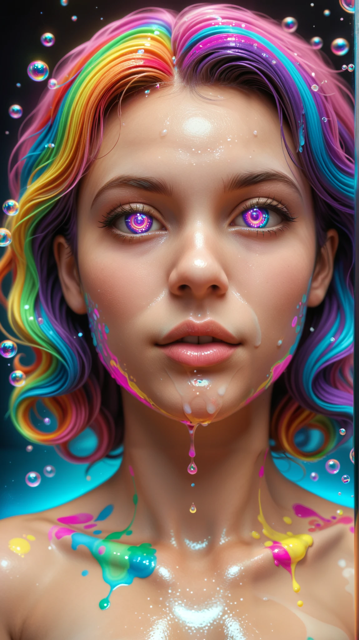 A photorealistic cinematic dream, an extremely attractive young woman, (full body shot) with violet eyes is caught in a dream where psychedelic vibrant colors are shimmering, glass orbs are  levitating and spilling  out rivers of intricate rainbow patterns, perfectly formed symmetrical spheres levitate, glowing reflective bubbles are forming, attention to detail on the bubbles and spheres, rainbows of color twisted in and out of translucent orbs, spilled paint and spirals of swirling color fill the background, beautiful detailed digital art, pixel art,  4d mandelbulb psychedelics, glass-like  landscapes, intricate patterns of neon green and neon pink spiderweb the environment, psychedelic underwater brightness, trails of color and light, bright neon colors, psychedelic vibrant colors, colorful paint drips out of the bubbles, 3D glass spheres melting into each other spilling out colors, visually disorienting, hallucination inducing, optical illusions, startling, stunning images, awe-inspiringly, best quality wallpaper, pixel assets, portrait photography, surrealism, photorealistic, hyperdetailed, glass morphism,highly reflective, glass shines and sparkles In a room with mirrors for walls glass is morphing inside of intricate rainbow patterns, perfectly formed symmetrical spheres and glowing reflective bubbles are everywhere melting into fizzy neon patterns carpeting the ground. Attention to detail on the bubbles and spheres, rainbows of color twisted in and out of translucent orbs, spilled paint and spirals of swirling color surround the young woman, beautiful psychedelic digital art, pixel art, neon green and neon pink, 4d mandelbulb psychedelics, glass-like psychedelic landscape, intricate rainbow environment, psychedelic underwater brightness, trails of color and light, bright fluorescent colors, psychedelic vibrant colors, bright psychedelic neon colors, colorful paint drips out of the bubbles, 3D glass spheres melting into each other spilling out colors,.