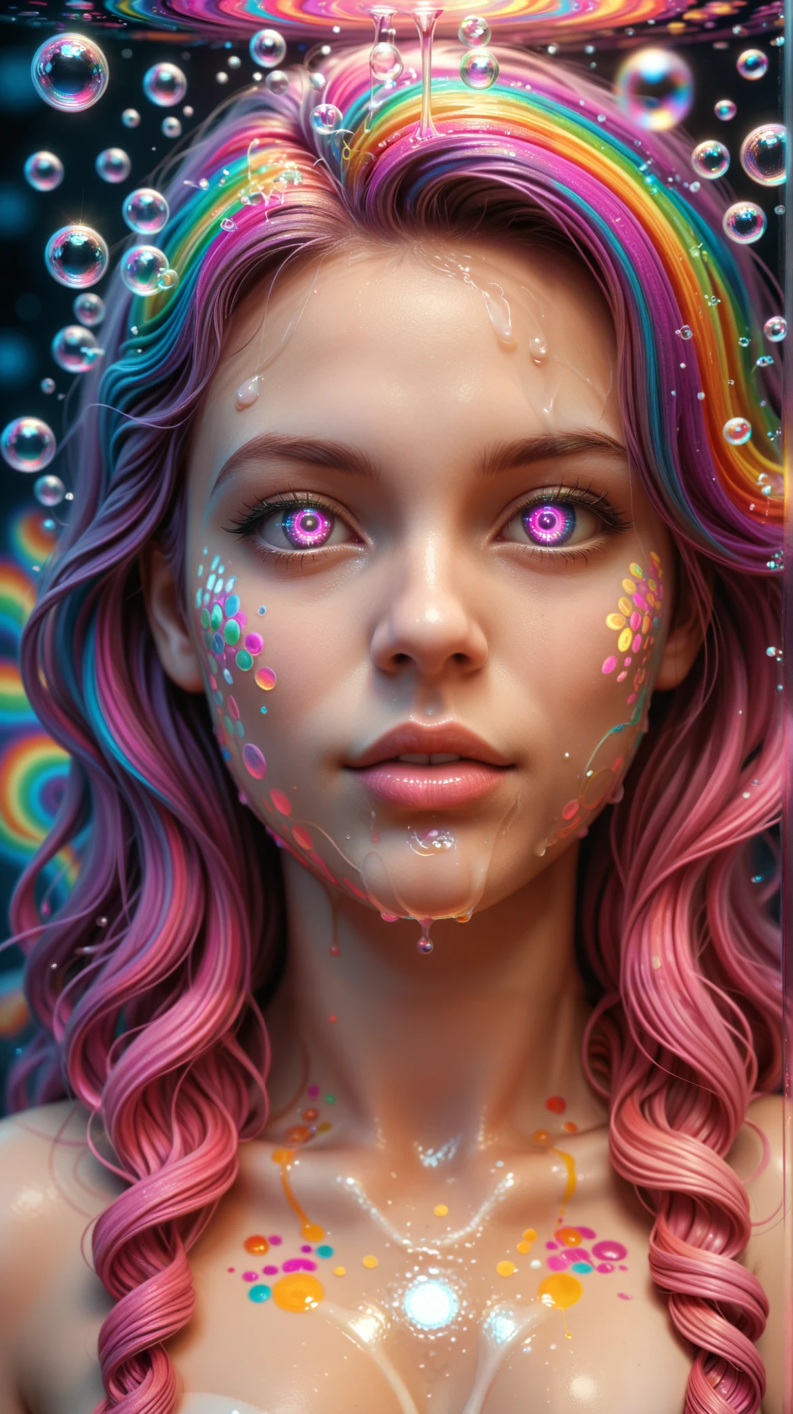 A photorealistic cinematic dream, an extremely attractive young woman, (full body shot) with violet eyes is caught in a dream where psychedelic vibrant colors are shimmering, glass orbs are  levitating and spilling  out rivers of intricate rainbow patterns, perfectly formed symmetrical spheres levitate, glowing reflective bubbles are forming, attention to detail on the bubbles and spheres, rainbows of color twisted in and out of translucent orbs, spilled paint and spirals of swirling color fill the background, beautiful detailed digital art, pixel art,  4d mandelbulb psychedelics, glass-like  landscapes, intricate patterns of neon green and neon pink spiderweb the environment, psychedelic underwater brightness, trails of color and light, bright neon colors, psychedelic vibrant colors, colorful paint drips out of the bubbles, 3D glass spheres melting into each other spilling out colors, visually disorienting, hallucination inducing, optical illusions, startling, stunning images, awe-inspiringly, best quality wallpaper, pixel assets, portrait photography, surrealism, photorealistic, hyperdetailed, glass morphism,highly reflective, glass shines and sparkles In a room with mirrors for walls glass is morphing inside of intricate rainbow patterns, perfectly formed symmetrical spheres and glowing reflective bubbles are everywhere melting into fizzy neon patterns carpeting the ground. Attention to detail on the bubbles and spheres, rainbows of color twisted in and out of translucent orbs, spilled paint and spirals of swirling color surround the young woman, beautiful psychedelic digital art, pixel art, neon green and neon pink, 4d mandelbulb psychedelics, glass-like psychedelic landscape, intricate rainbow environment, psychedelic underwater brightness, trails of color and light, bright fluorescent colors, psychedelic vibrant colors, bright psychedelic neon colors, colorful paint drips out of the bubbles, 3D glass spheres melting into each other spilling out colors,.