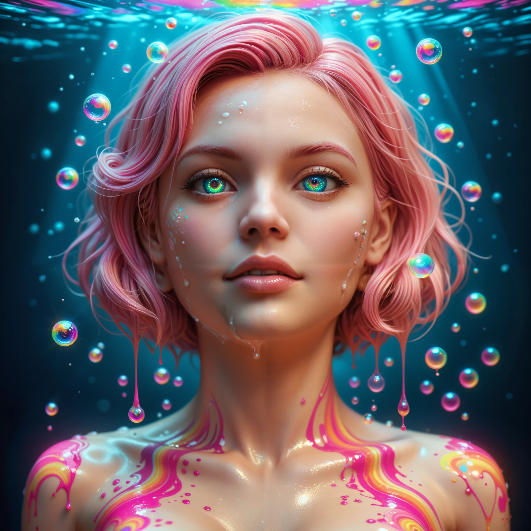 A photorealistic cinematic dream, an extremely attractive young woman, (full body shot)is caught in a dream where psychedelic vibrant colors are shimmering, glass orbs are  levitating and spilling  out rivers of intricate rainbow patterns, perfectly formed symmetrical spheres levitate, glowing reflective bubbles are forming, attention to detail on the bubbles and spheres, rainbows of color twisted in and out of translucent orbs, spilled paint and spirals of swirling color fill the background, beautiful detailed digital art, pixel art, neon colors, 4d mandelbulb psychedelics, glass-like  landscapes, intricate patterns of neon green and neon pink spiderweb the environment, psychedelic underwater brightness, trails of color and light, bright neon colors, psychedelic vibrant colors, colorful paint drips out of the bubbles, 3D glass spheres melting into each other spilling out colors, visually disorienting, hallucination inducing, optical illusions, startling, stunning images, awe-inspiringly, best quality wallpaper, pixel assets, portrait photography, surrealism, photorealistic, hyperdetailed, glass morphism,highly reflective, glass shines and sparkles In a room with mirrors for walls glass is morphing inside of intricate rainbow patterns, perfectly formed symmetrical spheres and glowing reflective bubbles are everywhere melting into fizzy neon patterns carpeting the ground. Attention to detail on the bubbles and spheres, rainbows of color twisted in and out of translucent orbs, spilled paint and spirals of swirling color surround the young woman, beautiful psychedelic digital art, pixel art, neon green and neon pink, 4d mandelbulb psychedelics, glass-like psychedelic landscape, intricate rainbow environment, psychedelic underwater brightness, trails of color and light, bright fluorescent colors, psychedelic vibrant colors, bright psychedelic neon colors, colorful paint drips out of the bubbles, 3D glass spheres melting into each other spilling out colors,.